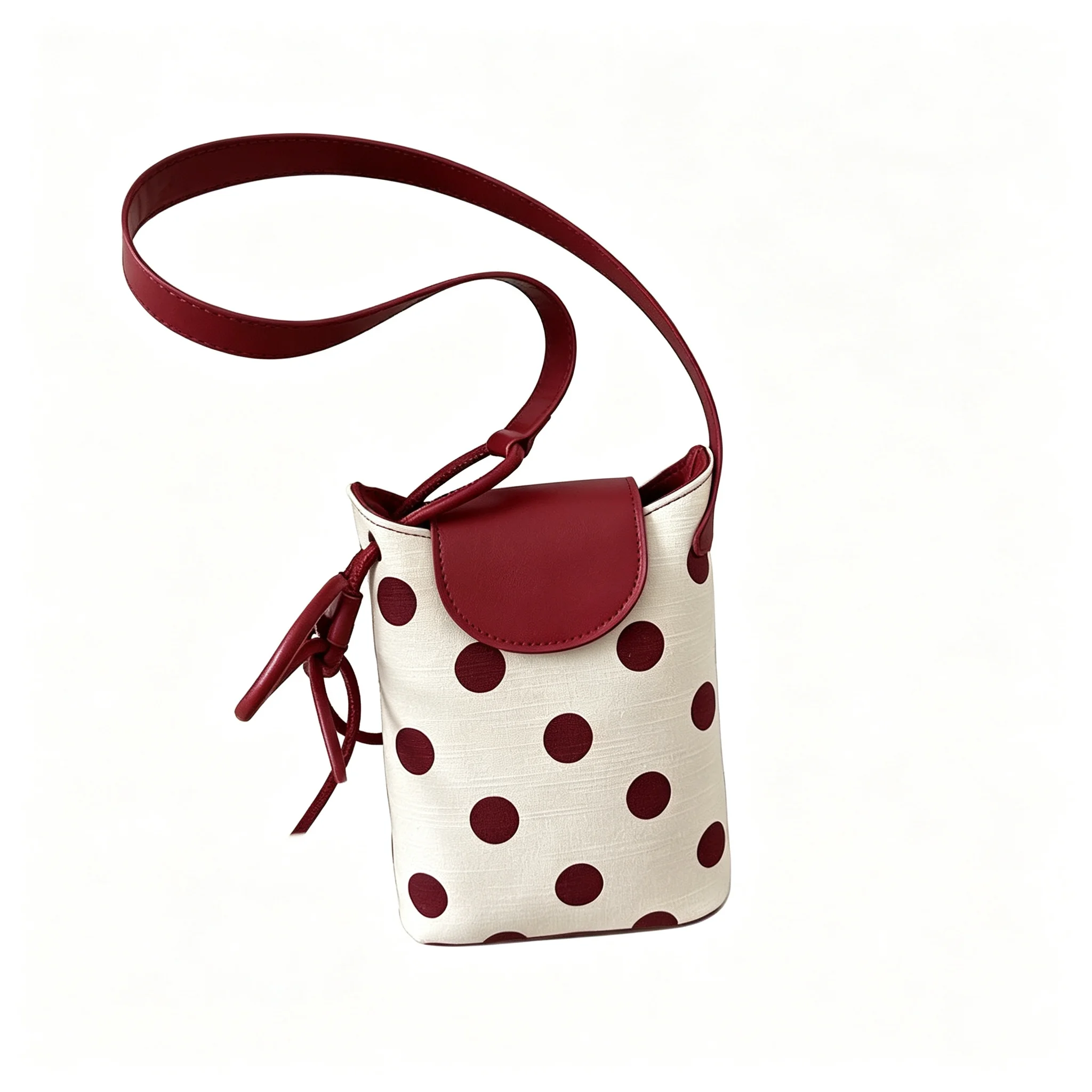 Red Black Cherry Polka Dot Mini Bucket White Color Block PU Leather Canvas Crossbody Phone Bag Top Handle Purse For Girls Women