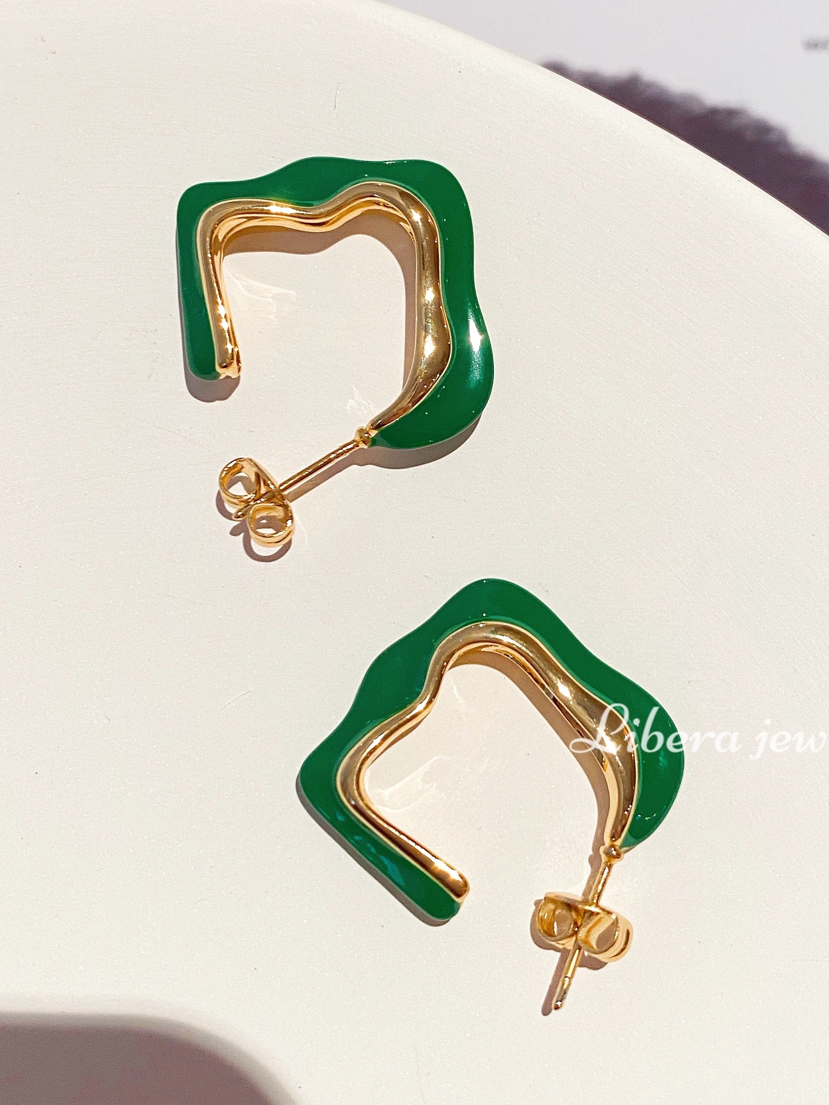 

Brass With 18K Gold Square Green Irregular Earrings Women Jewelry Punk Party Gown Runway Korean Japan INS Boho Top