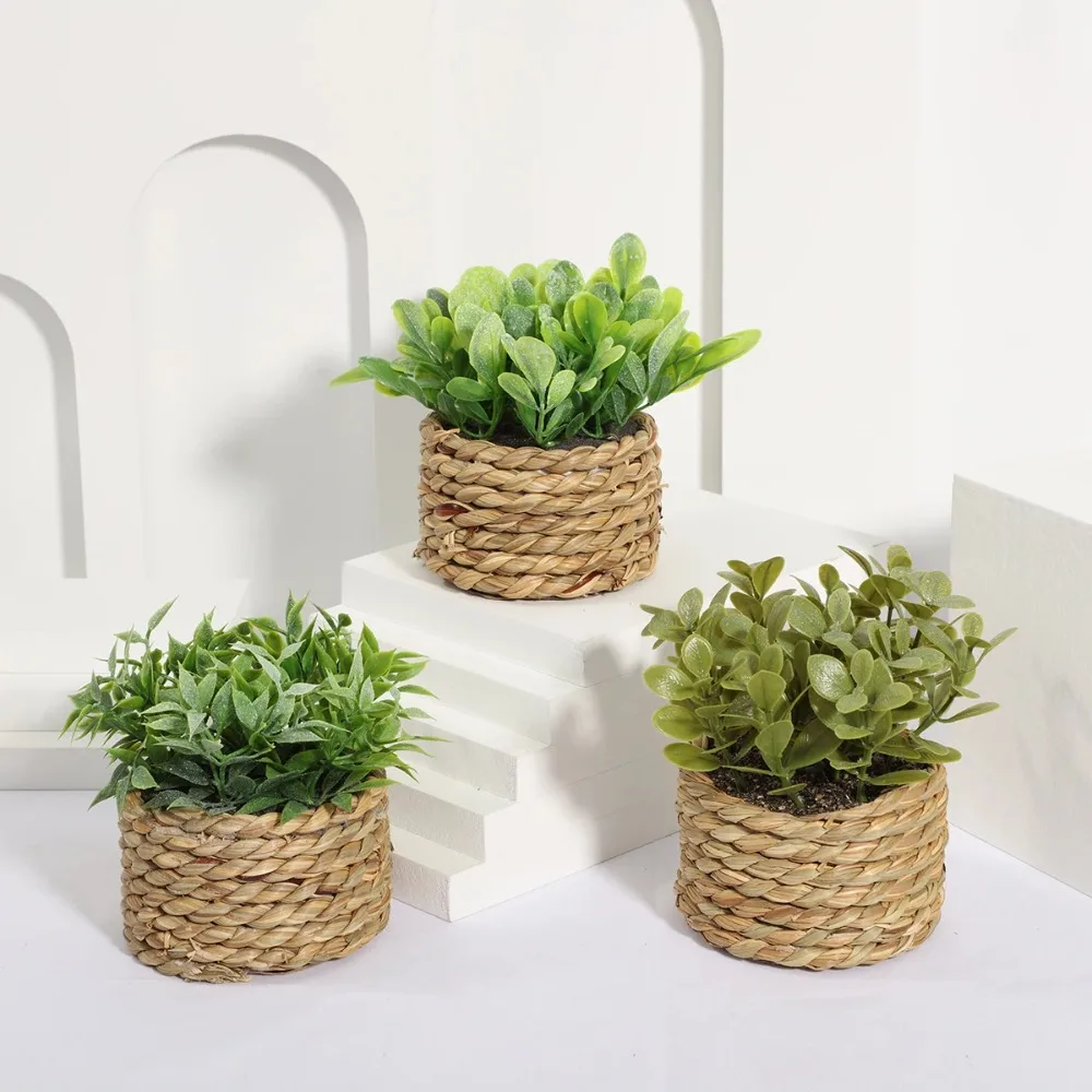 Green Artificial Potted Plant 11cm Eucalyptus Grass Artificial Plants Plastic Leaf Woven Simulated Potted Plants Home Decor