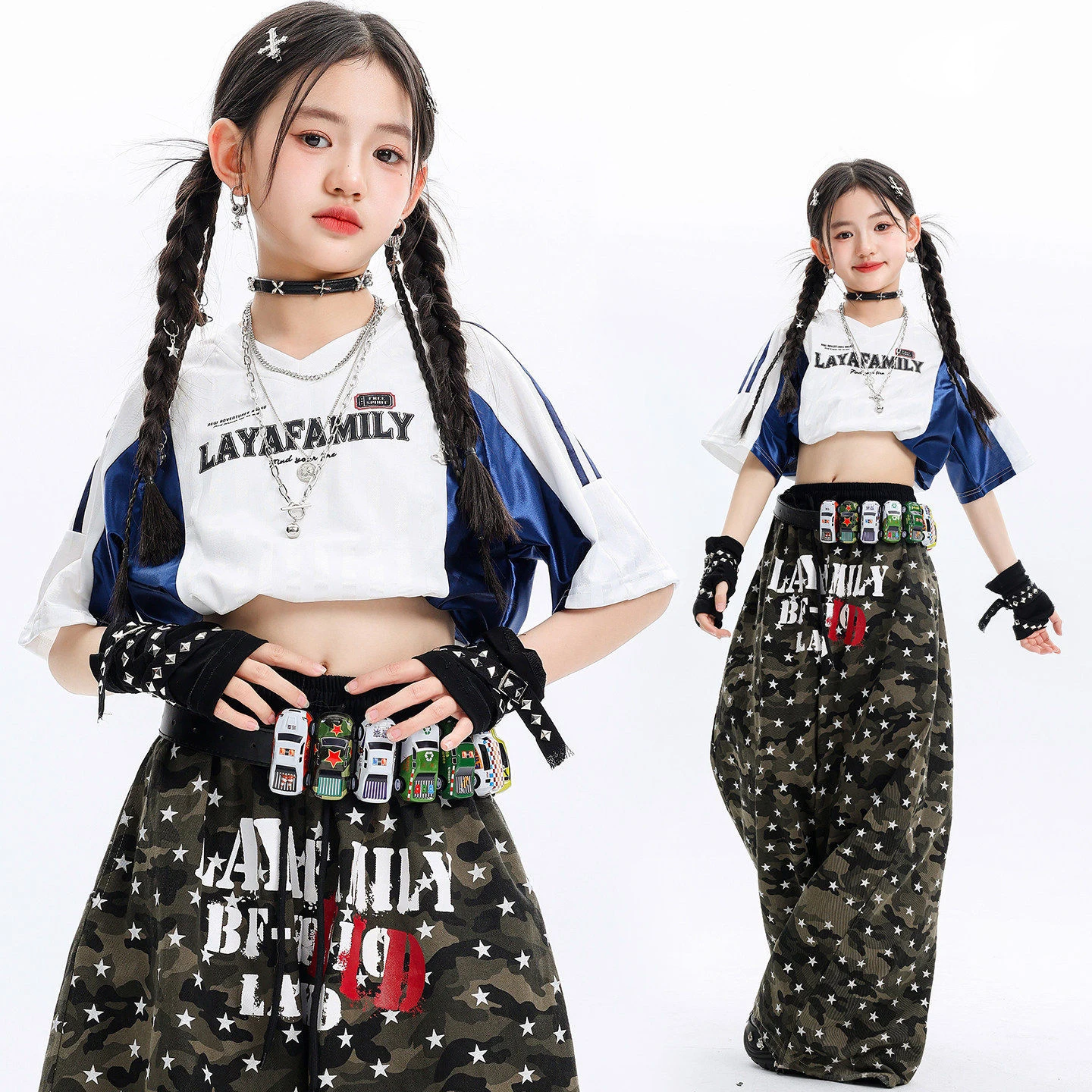 

Kid Kpop Hip Hop Clothing White Blue Elastic Hem Crop T Shirt Camo Stars Print Wide Pants for Girls Street Dance Costume Clothes
