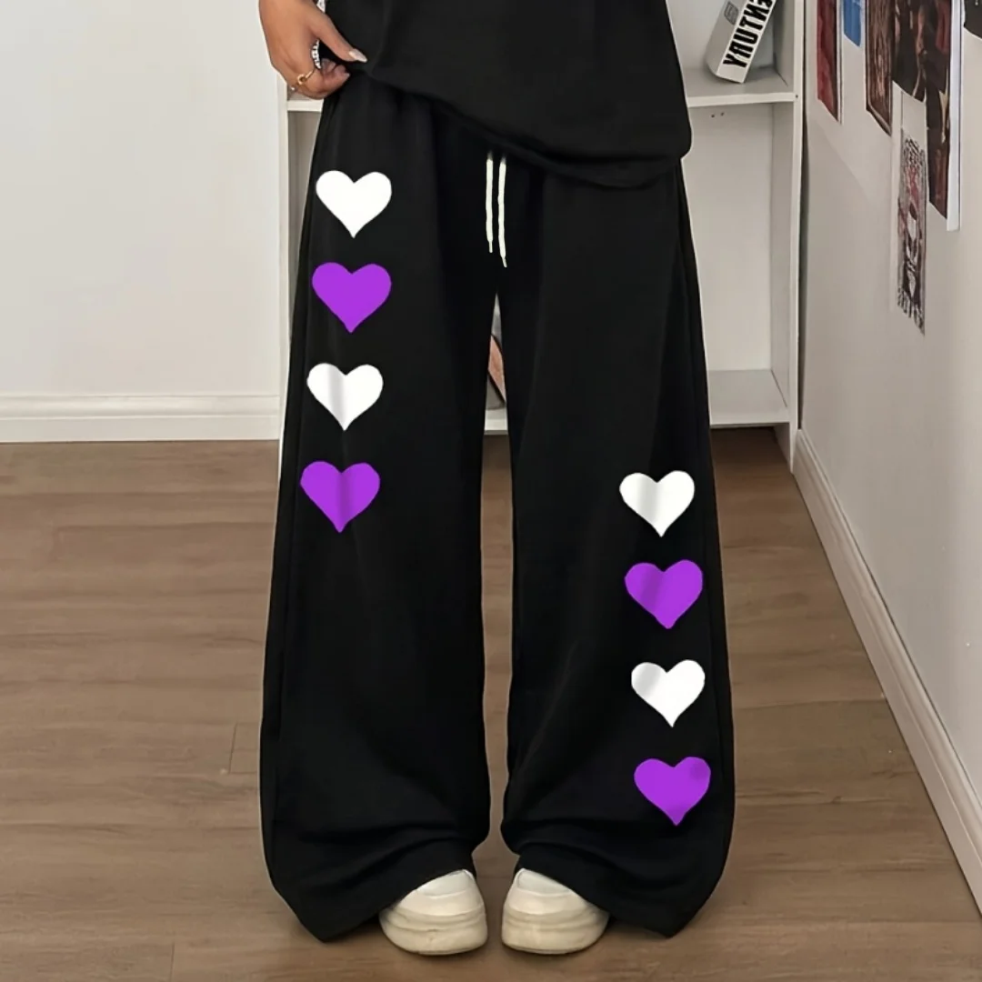 Love Printed Casual Sports Pants with Drawstring and Elastic Waist, American Casual Trend Women's/Kids Straight Leg Pants