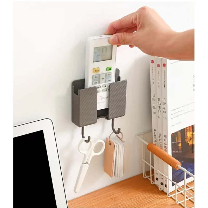 1PC Storage Box Holder Wall Mounted Storage Bracket Remote Organizer Hole Free Mobile Phone Storage Rack With 2 Hooks