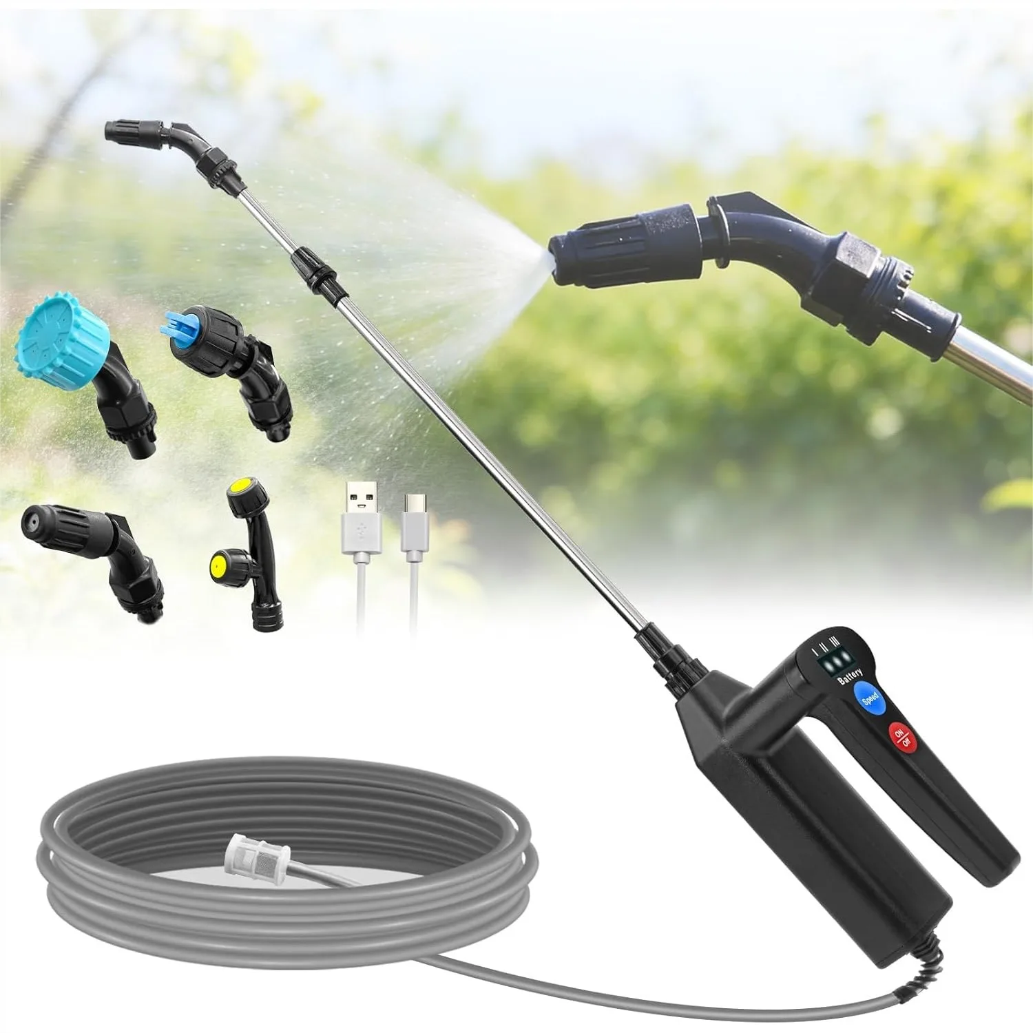 

Electric Sprayer Wand, 3 Adjustable Pressures Battery Powered Garden Sprayer with 31" Telescopic Wand, 16.4FT Hose, 4 Nozzles