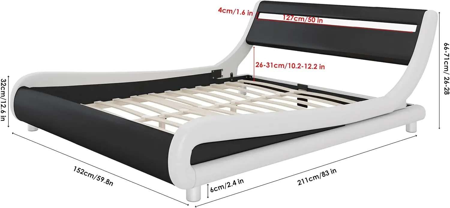 Upholstered Full LED Bed Frame with Headboard, Modern Low Profile Platform Bed with Strong Slats Support, Faux Leather Wave-Like