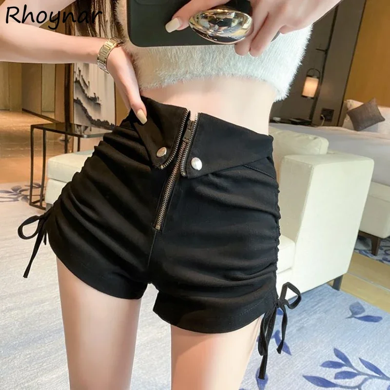 Shorts Women Black High Waist Summer Hot Sexy Girl Streetwear Korean Fashion Zipper Shirring A-line Slender Solid Simple Leisure