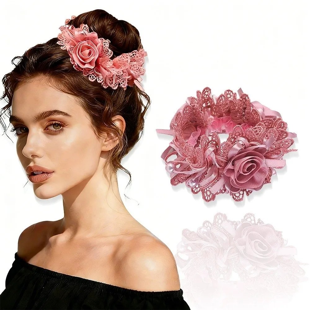 Elegant Sweet Lace Hair Tie Fabric Bow Lightweight Flower Embroidered Hair Scrunchies Hair Rope Polyester Hair Accessory Women