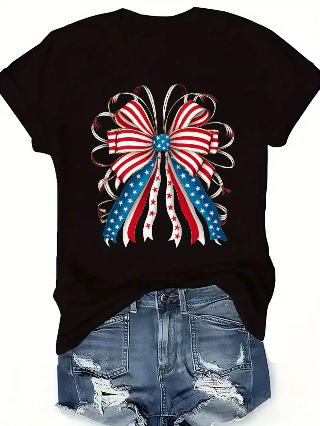Women's plus Size Casual Short Sleeve T-shirt USA Flag Bow Print round Neck Tee for Summer Parties And Casual Wear