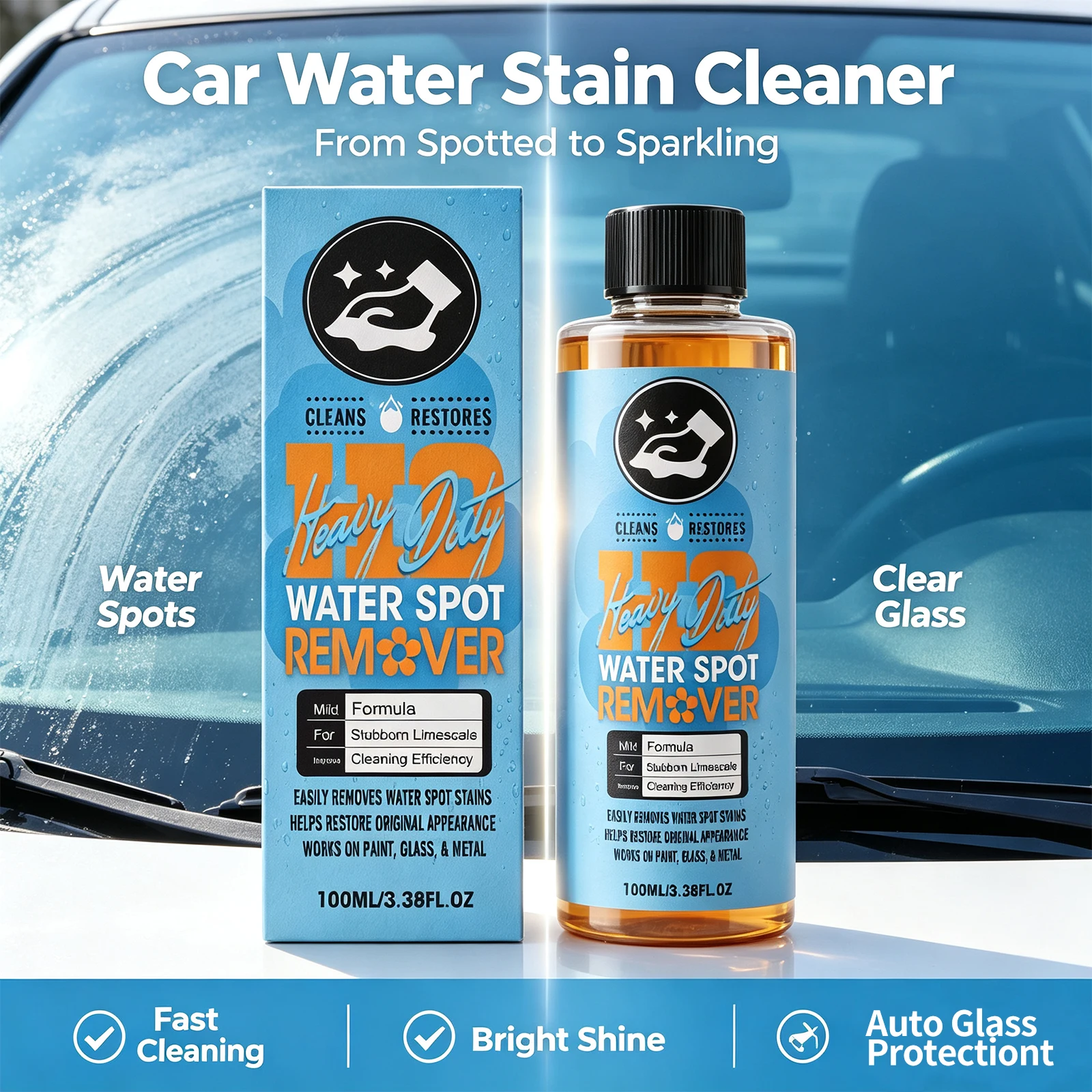 Spray Détachant de Taches d'Eau Automobile pour Vitres et Miroirs de Voiture – Dissout les Traces de Calcaire Tenaces et les Marques d'Eau – Entretien des Pare-Brise et Miroirs Auto