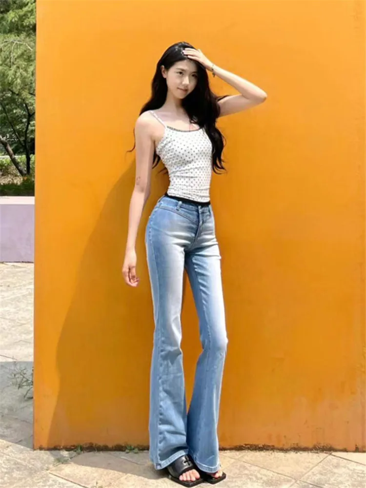 

American Retro Extended Blue Micro Flared Denim Jeans Women's Spring Autumn Slimming Elastic Floor-Length Pants