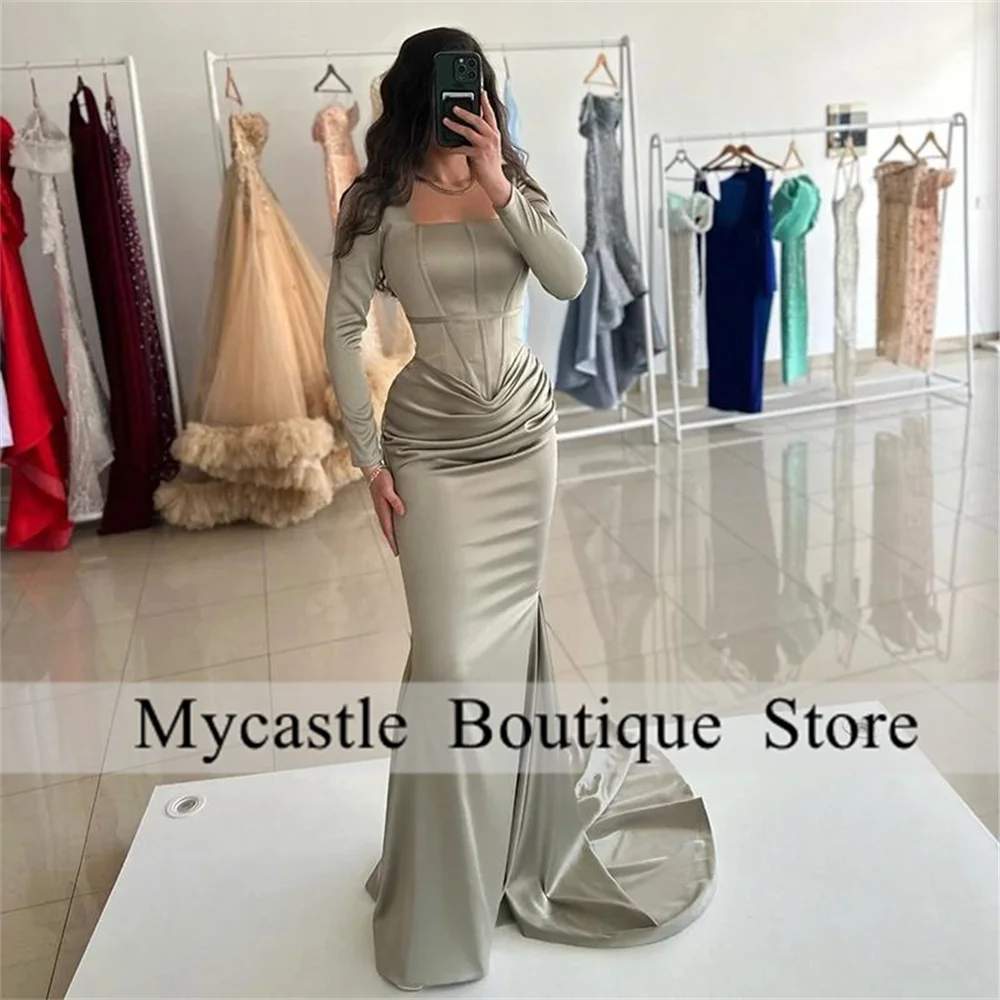 

Elegant Women Silvers Mermaid Evening Dresses Saudi Arabia Long Sleeve Party Dress Formal Night Cocktail Prom Gowns Plus Size