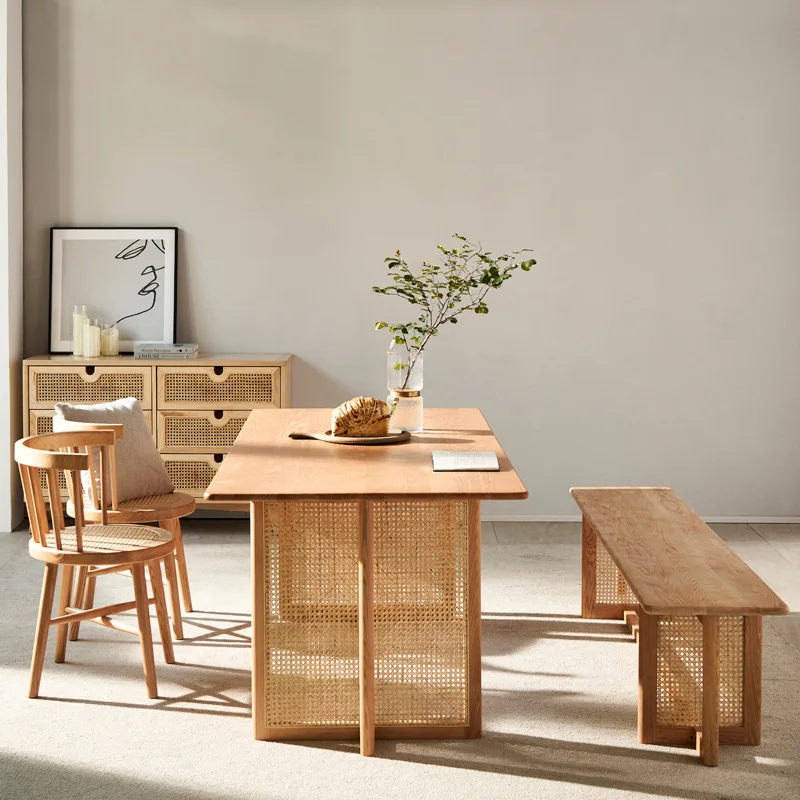 

Solid wood household ash wood dining table and chair combination Japanese modern simple rattan solid wood dining table and chair