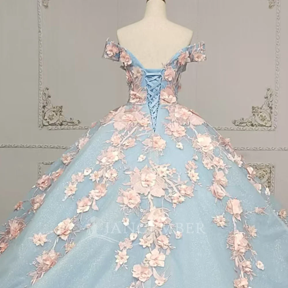 فستان كوينسيانيرا مزين بالكتف مكشوف الكتفين 2025 زهور على شكل قلب فيستدوس دي 15 سنة quinceañeras مخصص