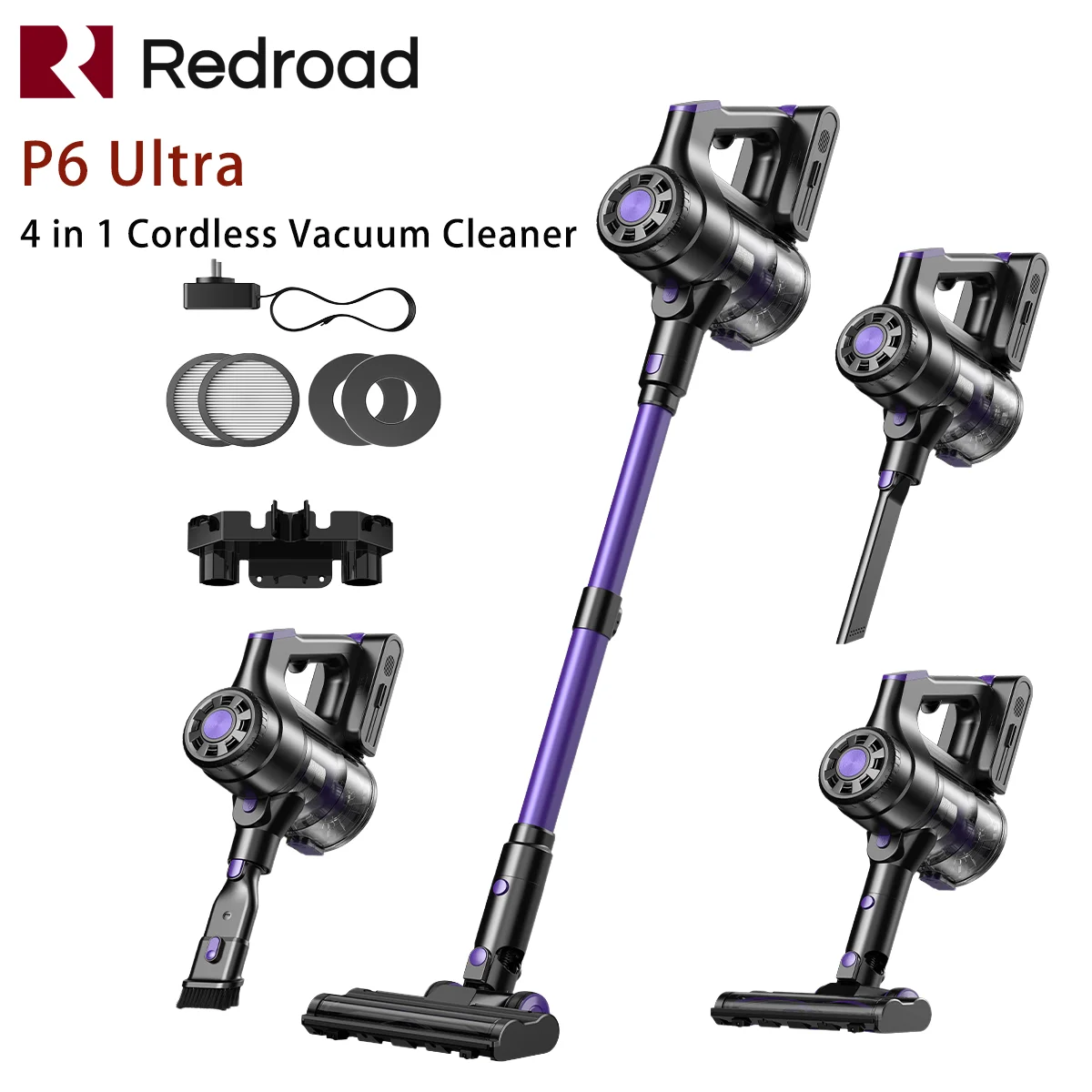 Redroad P6 Ultra 30kPa aspirateur sans fil 55 minutes d'autonomie verticale 4in1 mural 3 buses pour maison voiture familiale
