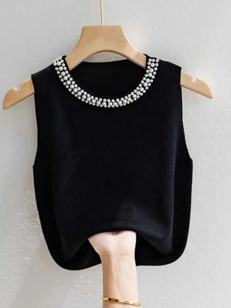 Knitted Vest Sweater Women\'s White Sleeveless Bottom Shirt 2024 New Spring Autumn Beading O-N eck Elegant All-Matched Knit Top