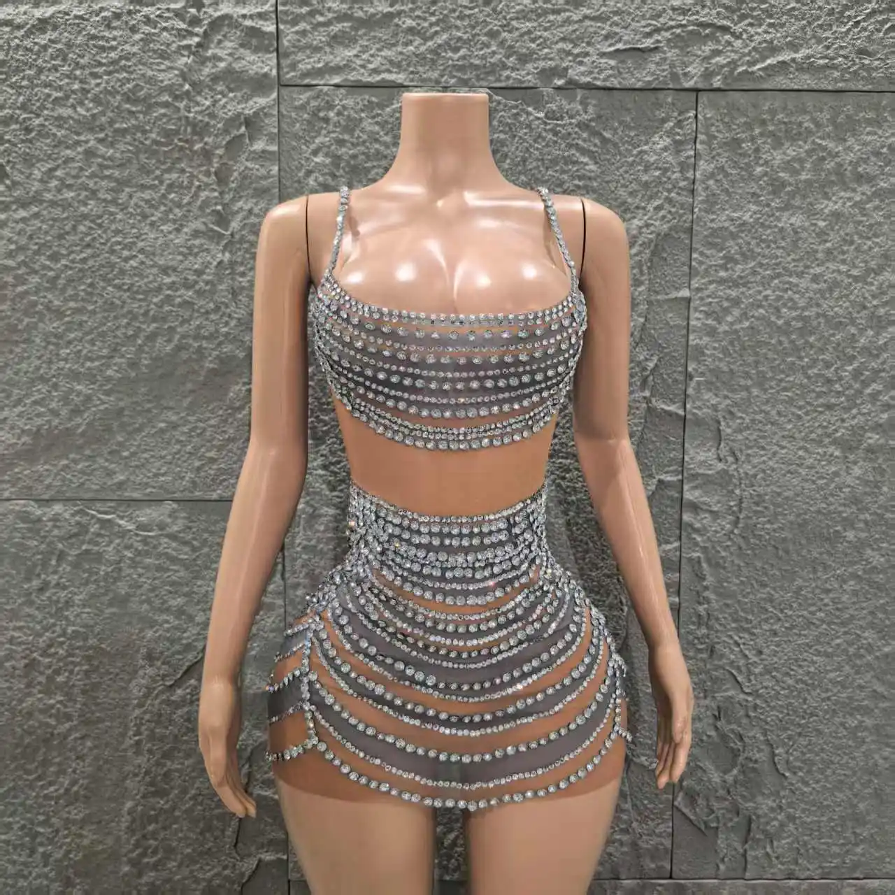 ساطع كريستال المرأة بلا أكمام مثير شبكة انظر من خلال Bodycon فستان قصير احتفال ملهى ليلي حفلة بار المغني المرحلة ارتداء