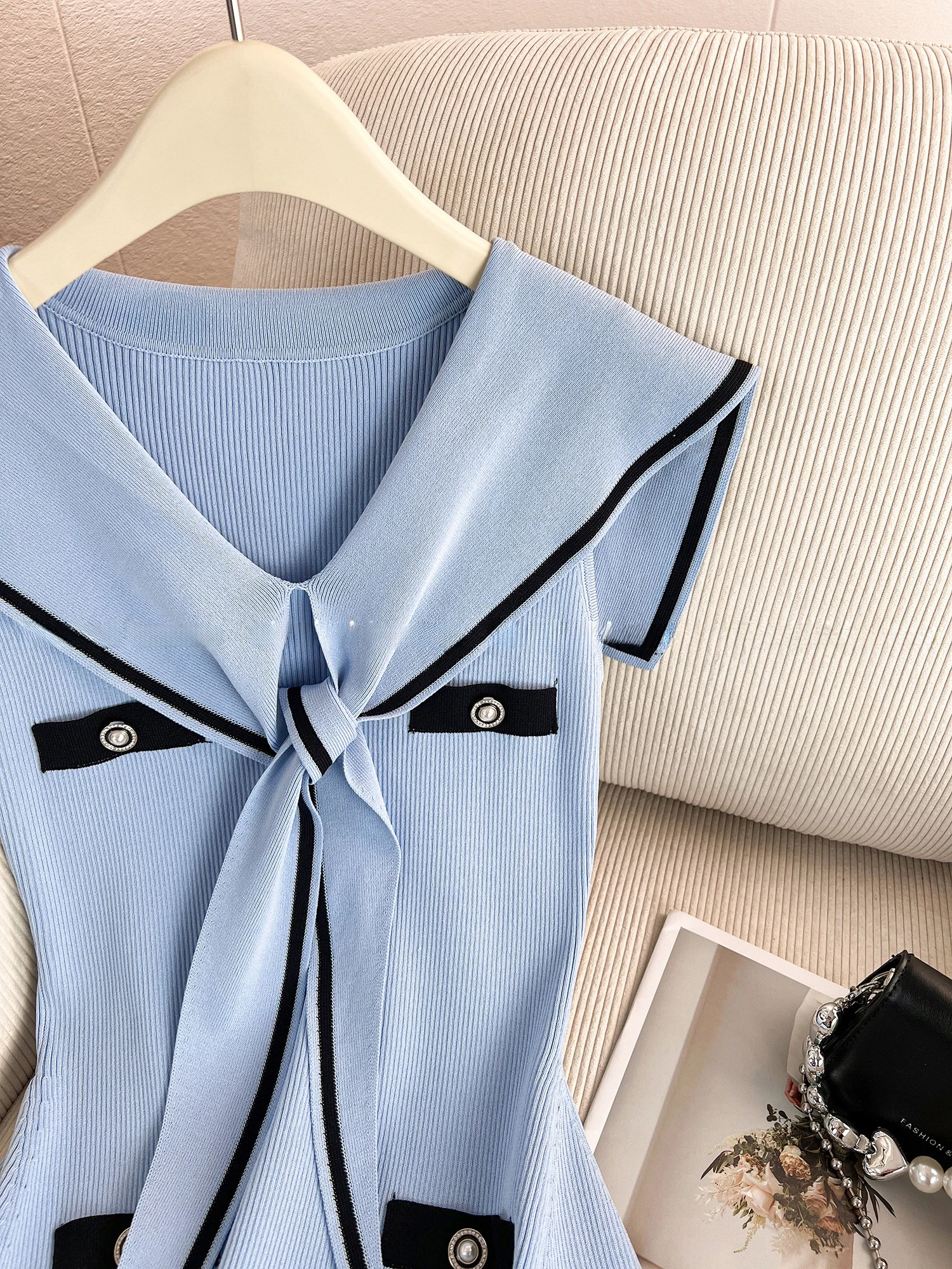 Damska dzianinowa kamizelka wyszczuplająca na lato, nowa, codzienna, w kolorze granatowym, z kołnierzykiem, podkreślająca talię, spódnica w kształcie litery A z wysokim stanem.