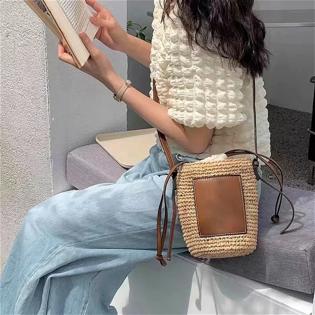 Crochet Oblique Span One Shoulder Bag Protable Drawstring Handbags Round Rope Woven Women Shoulder Crossbody Bags Holiday Gifts