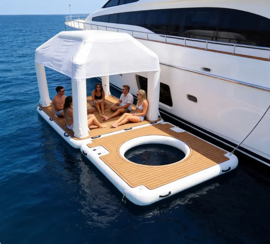 

Inflatable Floating Dock with Canopy & Swim Pool, Teak EVA Non-Slip Water Platform for Yacht Leisure