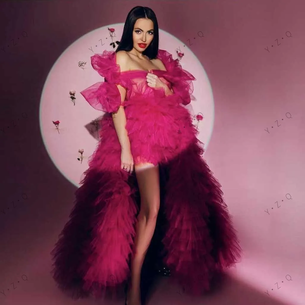 Fotografia fúcsia vestidos femininos com babados detalhes aparados assimétrico longo vestido de noivado arco exuberante em camadas vestidos de festa