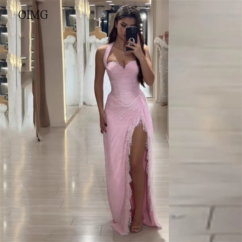 

OIMG Pink Lace Halter Mermaid Prom Gowns Sweetheart Neck Backless Party Gown Side Slit Floor Length Evening Dress Customized