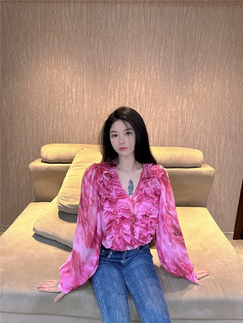 Tie Dye Ruffles Lady Tops Print Flounce Chiffon Shirts Women Party Streetwear Korea Fashion Blouse Autumn Spring V Neck Tops