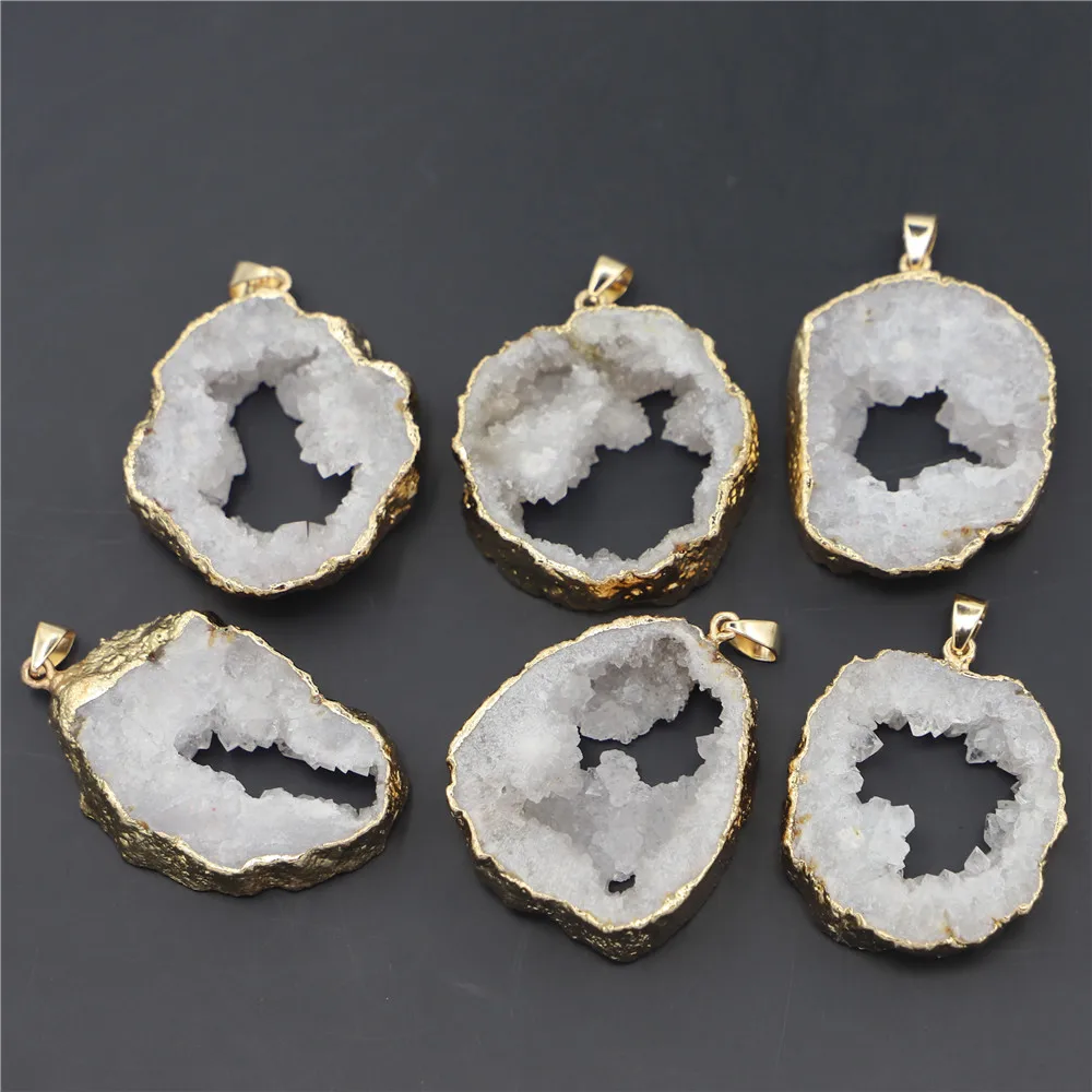 Hot Geode Stone Agates Healing Slice Pendants Charms Inlaid Natural Point Irregular Elegant Quartz Jewelry Making Wholesale 6PCS