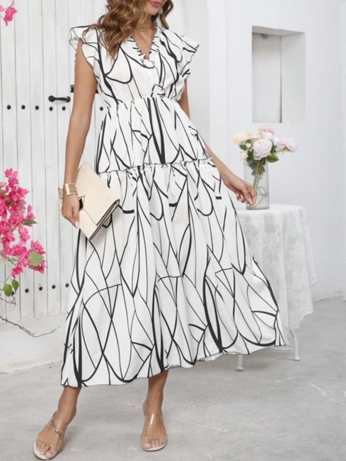 夏の新作Vネック花柄プリント、ウエストシェイプ、ロング丈、女性用ガウン、柔らかいポリエステル生地、フライスカート