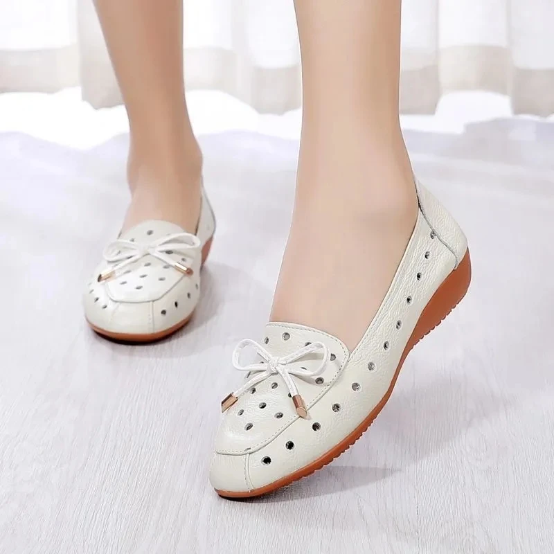 2022 Summer Mom Cowhide Leather Moccasins Woman Slip On Wedges Shoes Designer Breathable Hollow Out Bowtie Ballet Flats