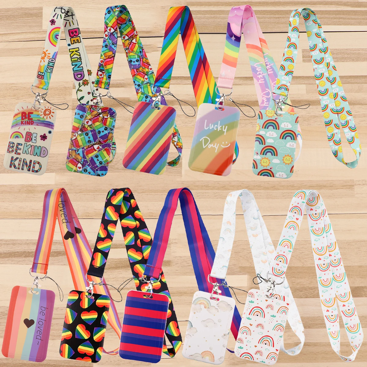 Cute Rainbow Neck Strap Lanyards ID Badge Holder Keychain Key Holder Hanging Rope Colorful Keychain Car Accessories Jewelry