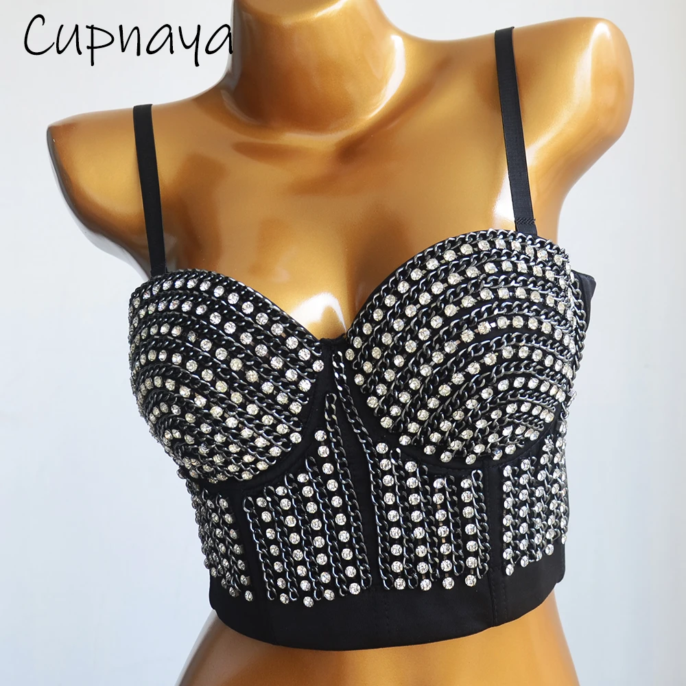 

Cupnaya панк цепи стразы женский сексуальный блестящий укороченный топ бюстье корсет короткий камзол бюстгальтер жилет майки черная клубная одежда