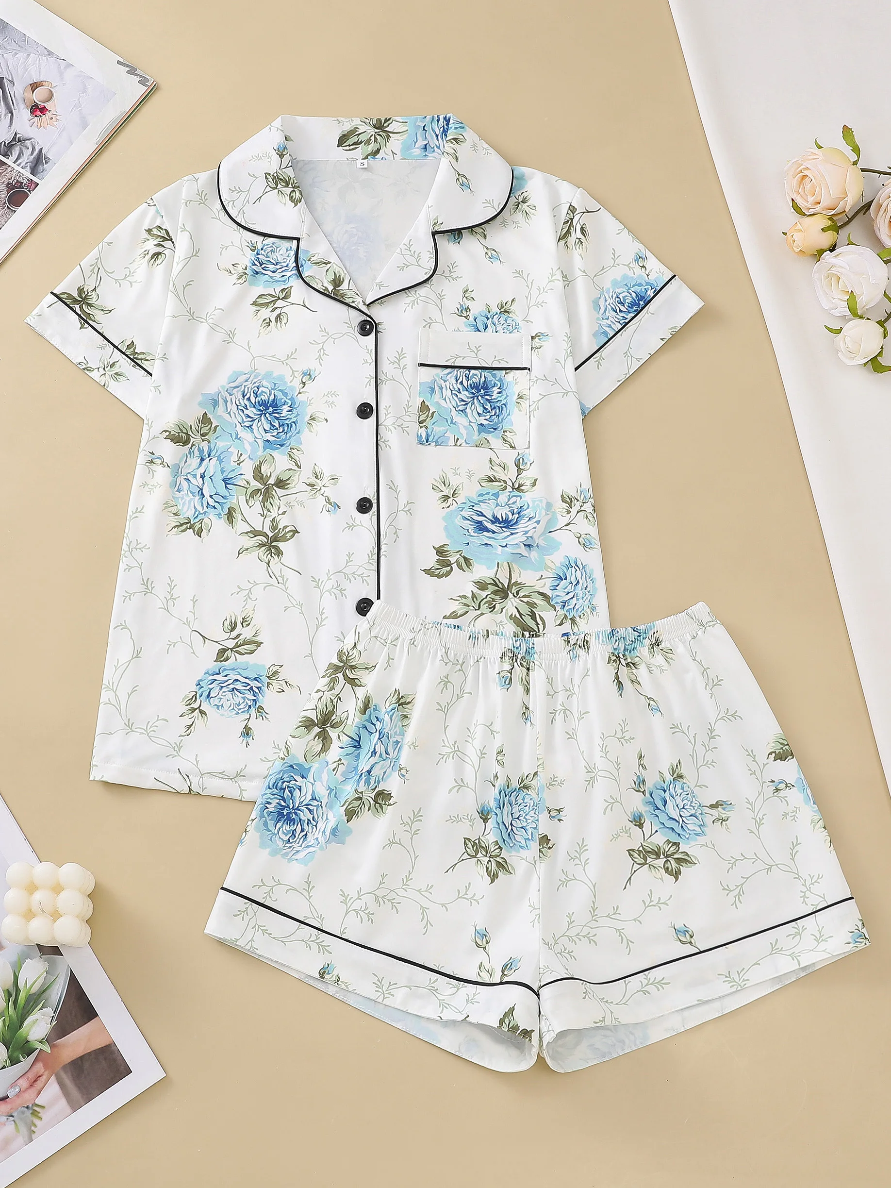 

Белый фон синий кардиган с цветочным рисунком Женская одежда для сна топ с коротким рукавом и свободные брюки удобная женская одежда для сна