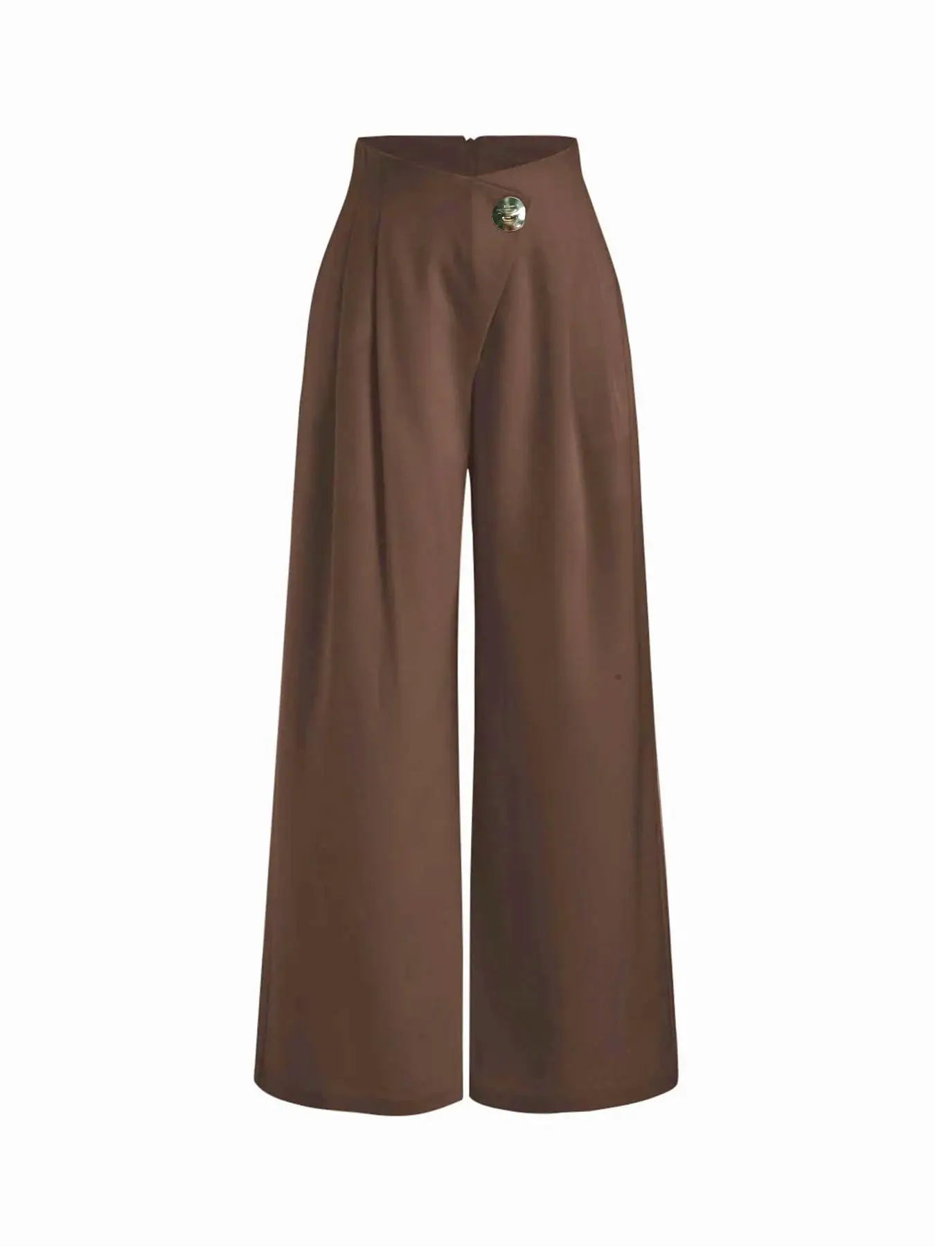 High-Waist Crossed Wrap Wide-Leg Suit Pants for Women Single-Buckle Decorated Pleated Draped Floor-Length Casual Straight Leg Tr