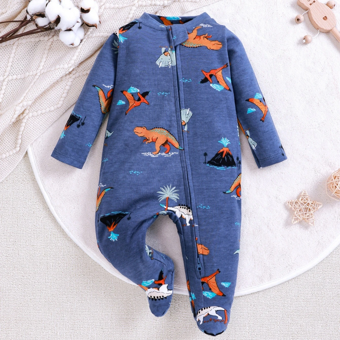 Newborn Baby Pure Cotton Romper Cute Cartoon Print Onesie Long Sleeve Zipper Footie Rompers Soft & Cozy Toddler Casual Pajamas