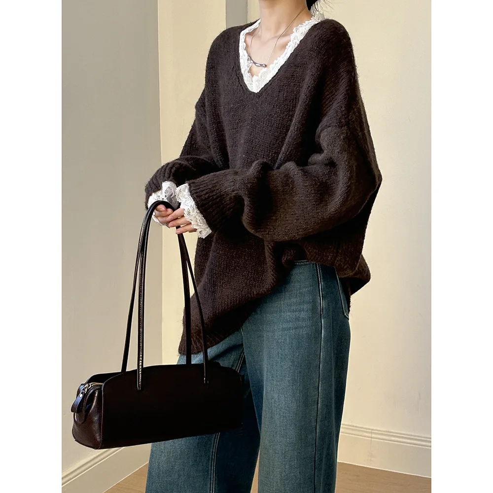 

Womens Lace Sweater Autumn Winter V Neck Loose Knitted Top Soft Sticky Gentle Splicing Lace Casual Tops