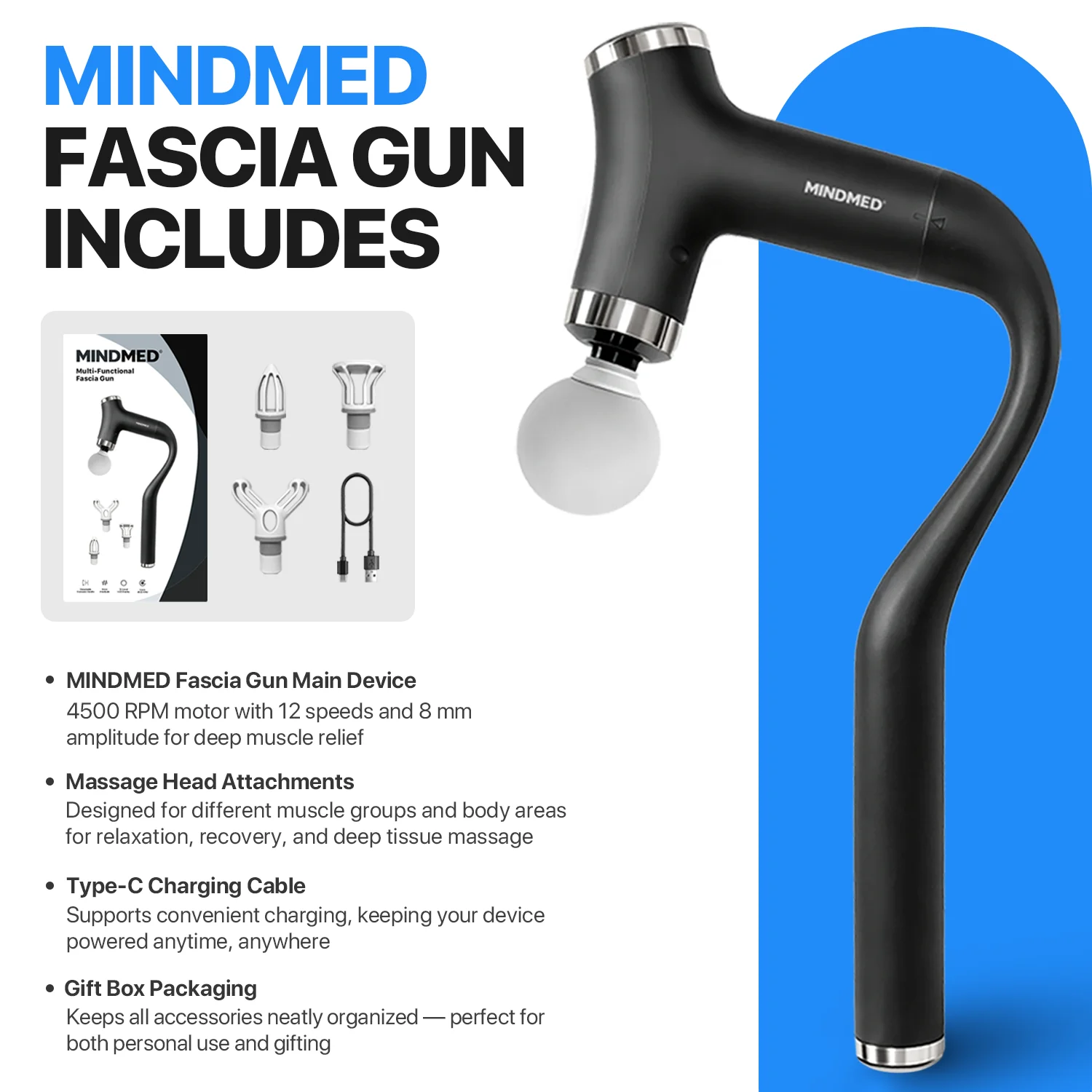 MINDMED Long Handle Detachable Massage Gun Deep Tissue Muscle Gun for Back Neck Shoulder Body Recovery with 12 Speed & 4 Heads view 4