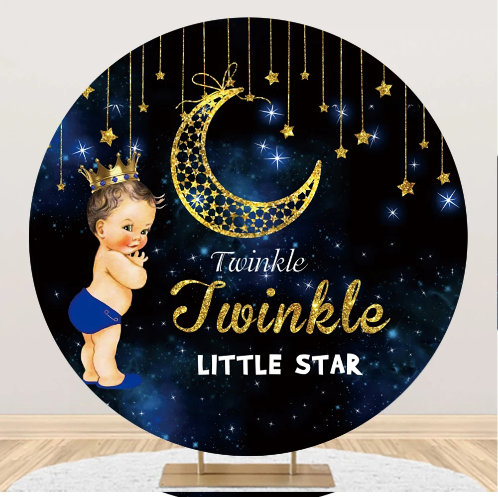 

Little Star Twinkle Round Backdrop Blue Gold Glitters Moon Prince Baby Boy Birthday Party Photo Background Circle Table Cover