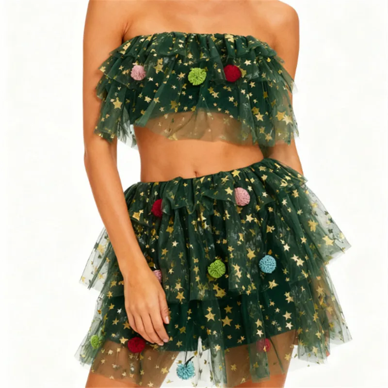 Completi natalizi da donna in due pezzi Top sexy senza spalline con stampa di stelle e minigonna in tulle Set Festival Party Clubwear