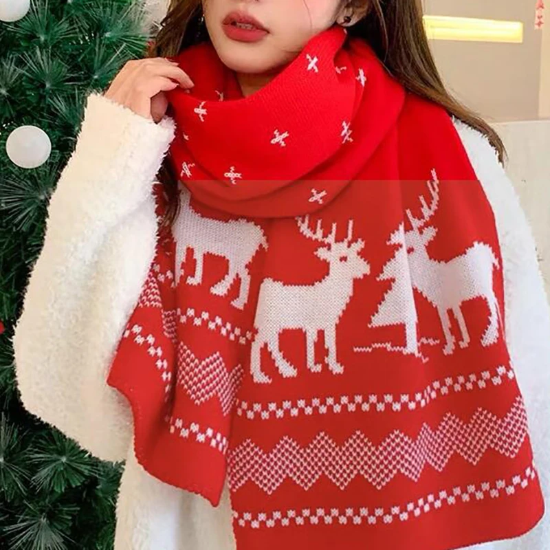 Christmas Red Elk Deer Scarves Cartoon Reindeer Snowflake Warm Scarf Man Woman Christmas Scarves for Women Sweet Girls 2024 Gift