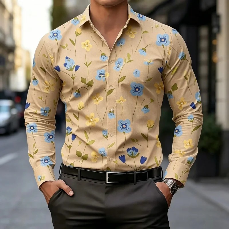 Men's Floral Print Dress Shirt Long Sleeve Slim Fit Business Casual Blouse Ropa Hombres Conjuntos Ensemble Homme