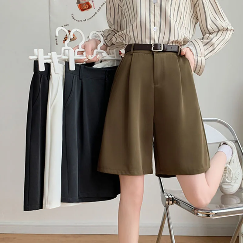 

Летние черные шорты-костюмные для женщин, корейские, тонкие, свободные, широкие, повседневные, универсальные, с карманами, офисные, однотонные, до колена