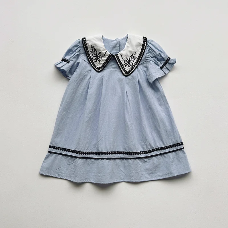 Y2K Style Summer 2026 New Doll Collar French Embroidered Girls Dress Lace Bubble Short Sleeve Princess Skirt Children's Clothing 5