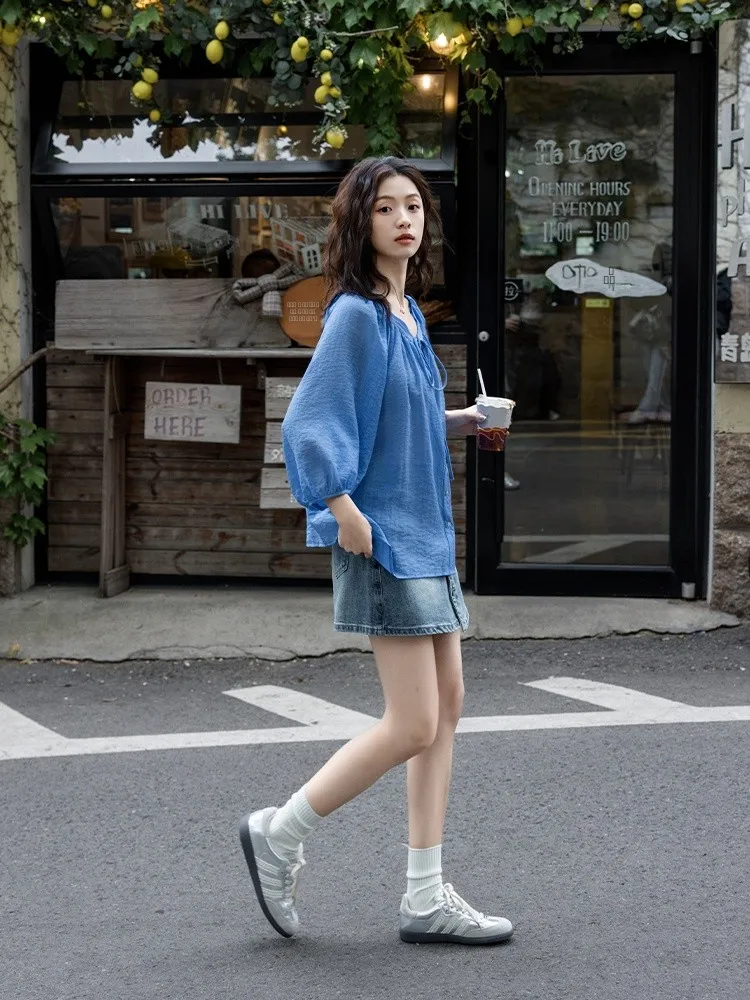 

SuMian Blue Thin ort Sve Cotton Linen irt Korean Loose round Ne Tie Dye Summer New Sle Women's Busin Casual Top