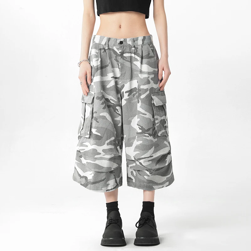 

Fashion Men's Camouflage Cropped Pants Loose Casual Wide Leg Workwear Shorts Distressed Straight Wide Leg Bottoms 9X3635