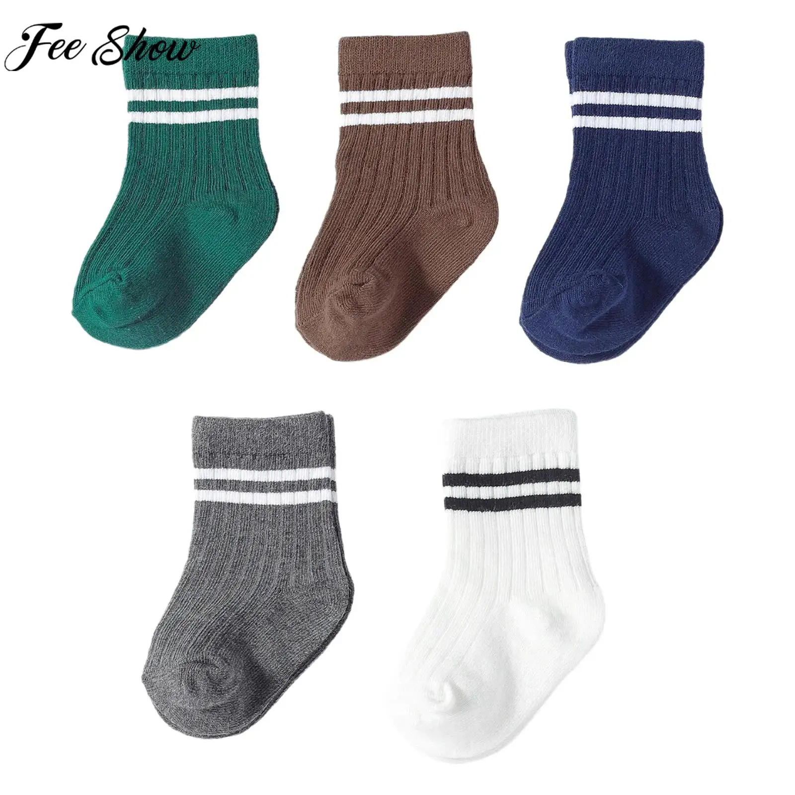

5 пар носков для маленьких мальчиков и девочек, хлопковые эластичные носки в полоску в рубчик, аксессуары для костюмов, повседневная школьная одежда на весну и зиму