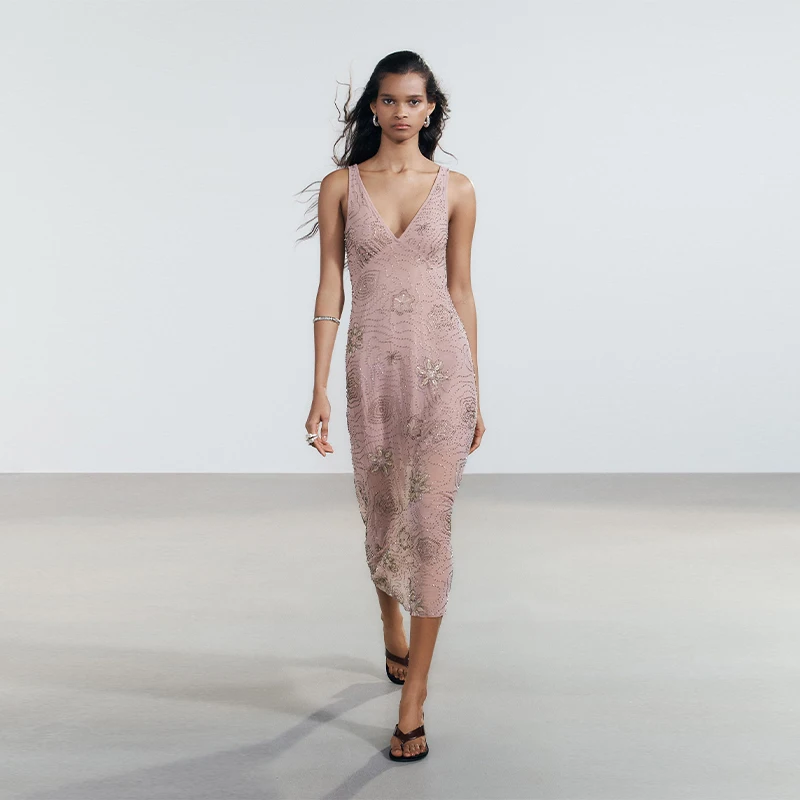 

Bead Embroidery Sequin Ruffle Women Dress Sleeveless Backless Strap Sexy Evening Dresses 2025 Summer Party Holiday Street Robe
