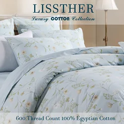 3pcs 600TC 100% Egyptian Cotton Duvet Cover Set, Light Blue Shabby Chic Floral, Soft Skin-Friendly (No Inserts)