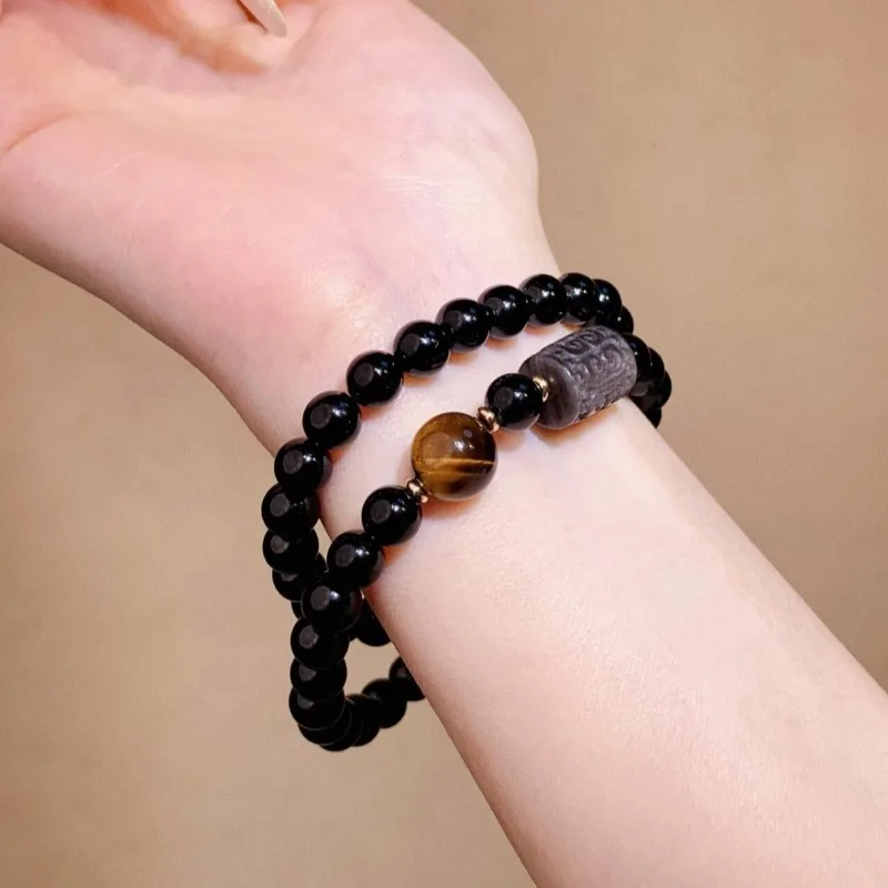 Natural Obsidian Bracelet Double Layered Tiger Eye Stone Bracelet for Men and Women Ideal Valentine's Day Presents Gifts