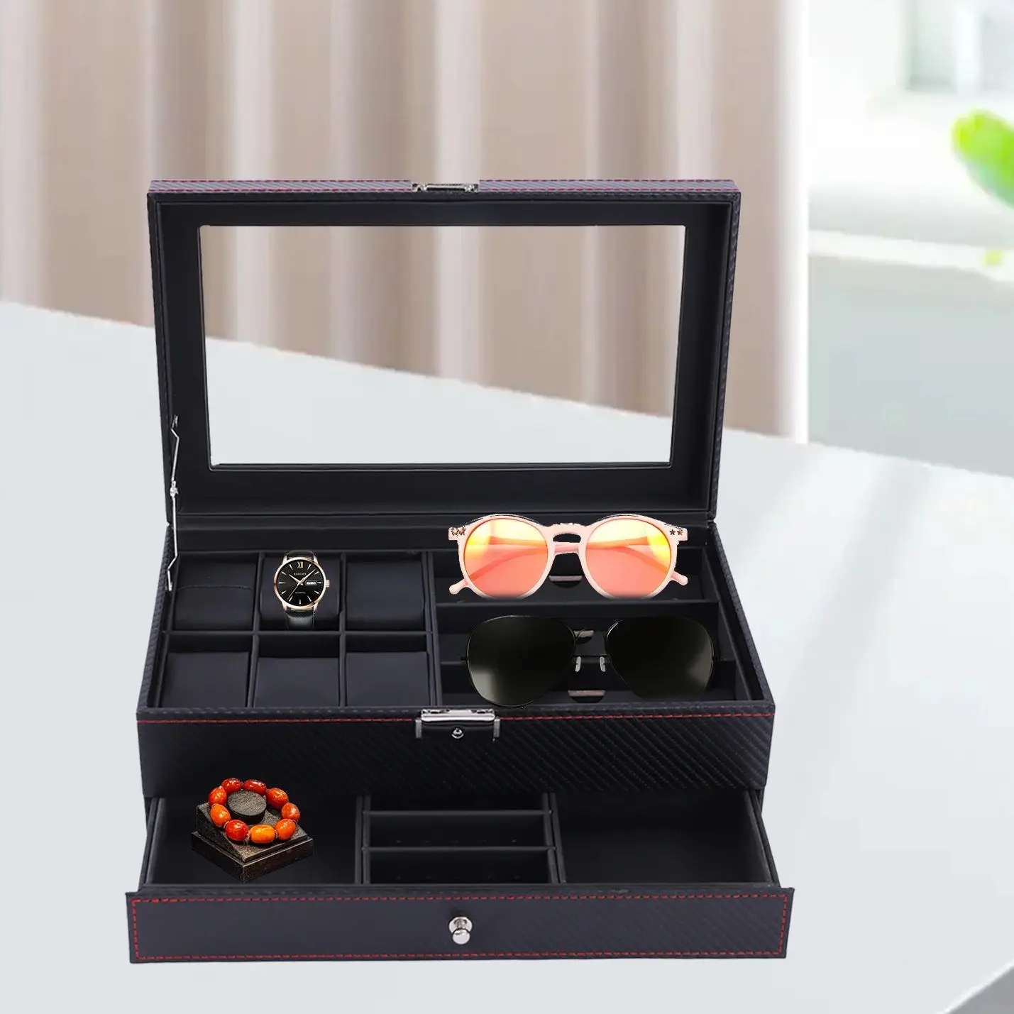 Watch Box for Men Sunglasses Box Display Case Organizer For Men Jewelry 6 Watch Holder 3 Glasses Slots Valet Drawer for Rings