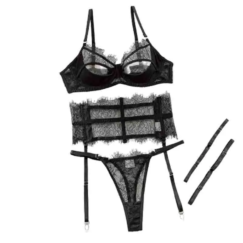 

Sexy Lingerie Sets 4 PCS Hollow Out Bra Ultra Thin Lace Underwear Bra Brief Set Legbands Solid Female See Through Exotic Sets