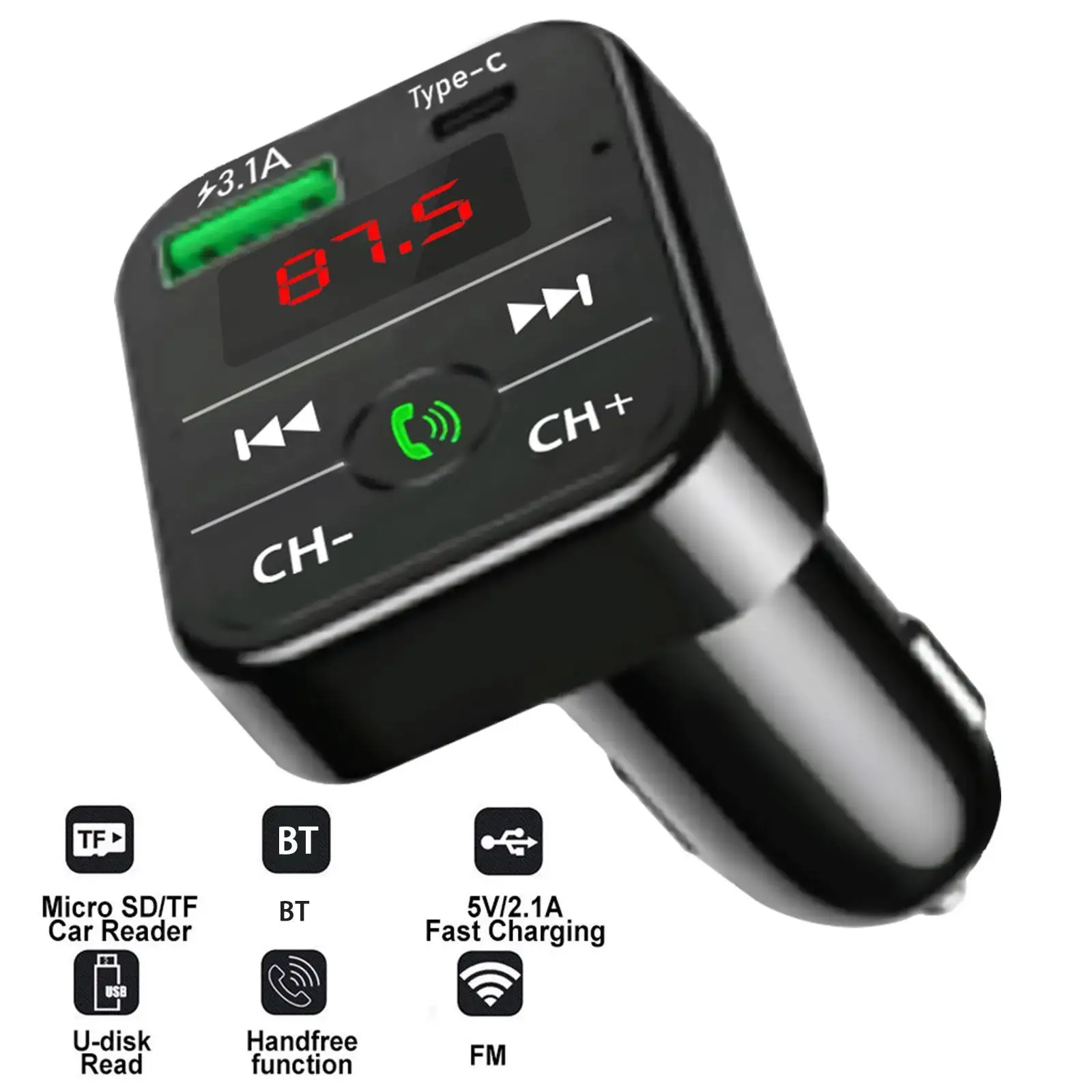 

pd Fm Transmitter Bluetooth Wireless Car Kit Handfree Usb 3.1A Fast Car Charger Mp3 Music Aux Player Car Acessories